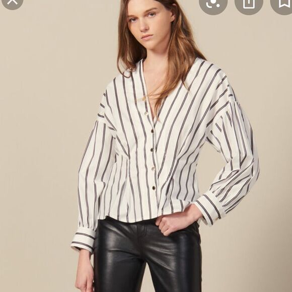 NEW SANDRO PARIS Naelle Blouse Stripes Top $340 - Picture 2 of 16